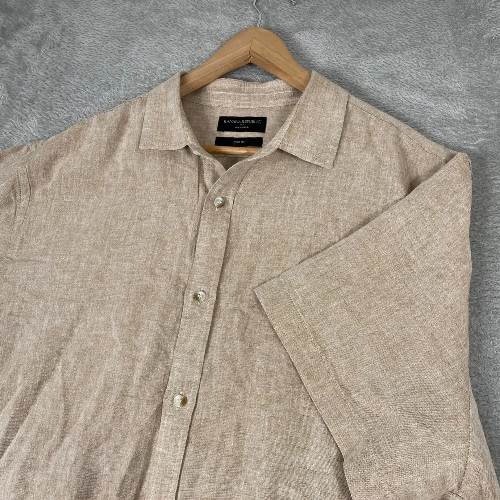 Banana Republic Shirt Mens 2XL Tan Linen Blend Short Sleeve Slim Fit Button Down